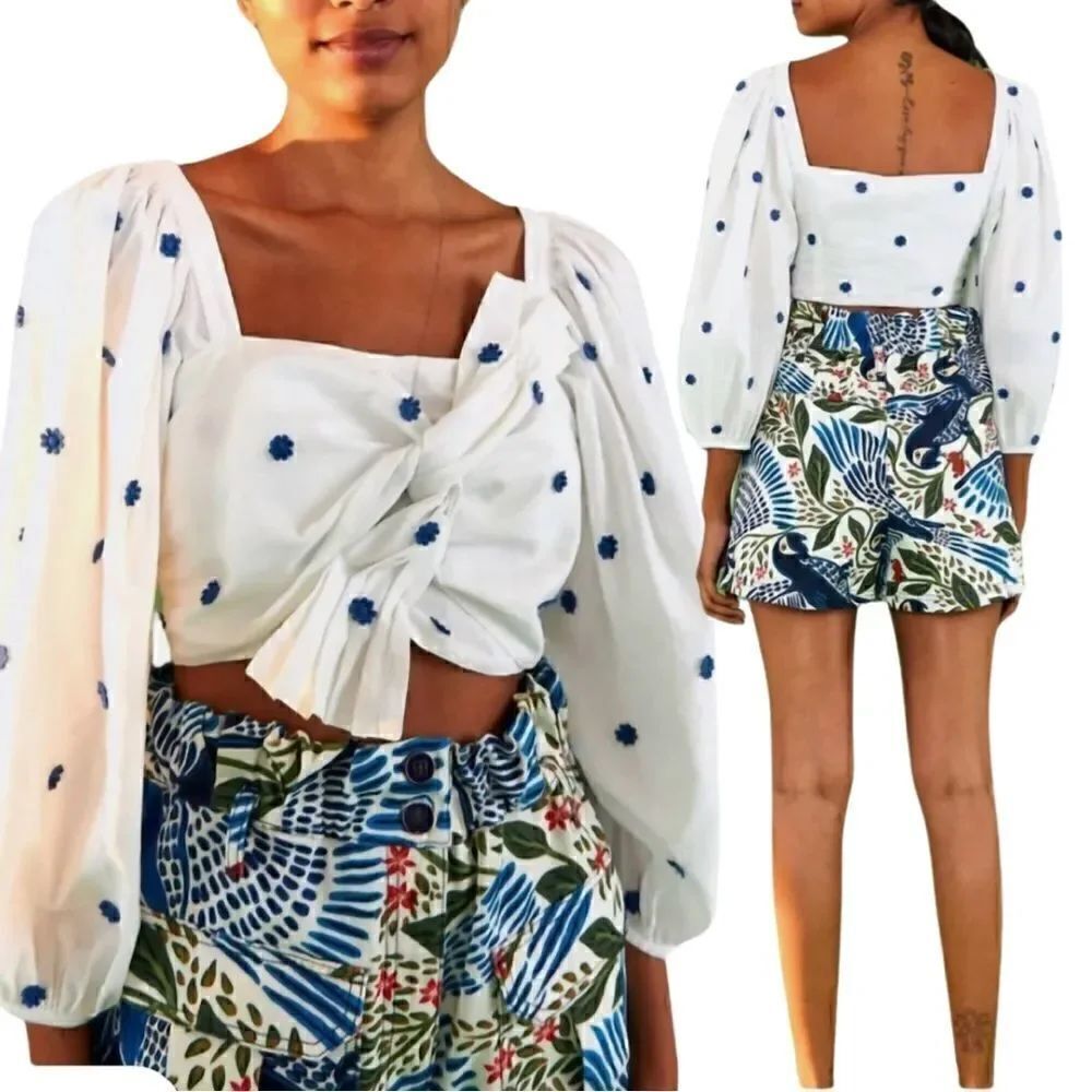 FARM RIO Blue Flowers Long Sleeve Crop Top Size Large